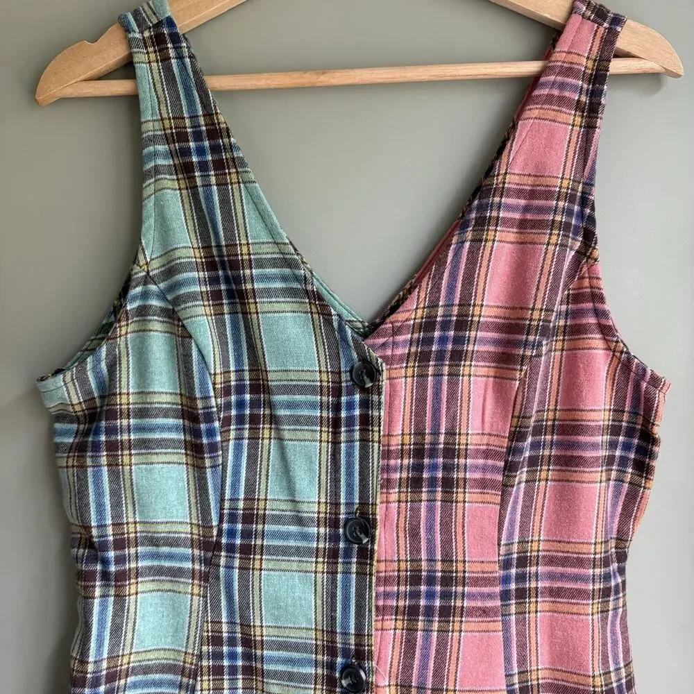 Stitch & Pine Button Front Sleeveless Mini Dress Plaid Retro Grunge 90s S/L - Picture 5 of 12